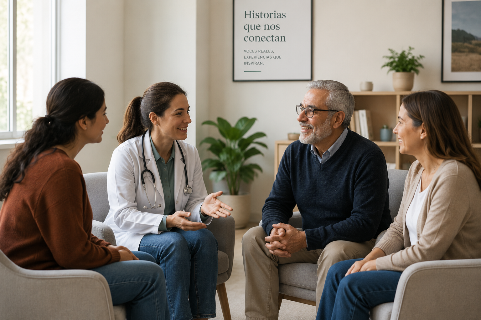 Personas conversando sobre una experiencia de salud