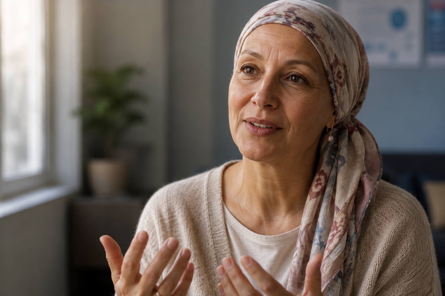 Mujer compartiendo su experiencia de salud